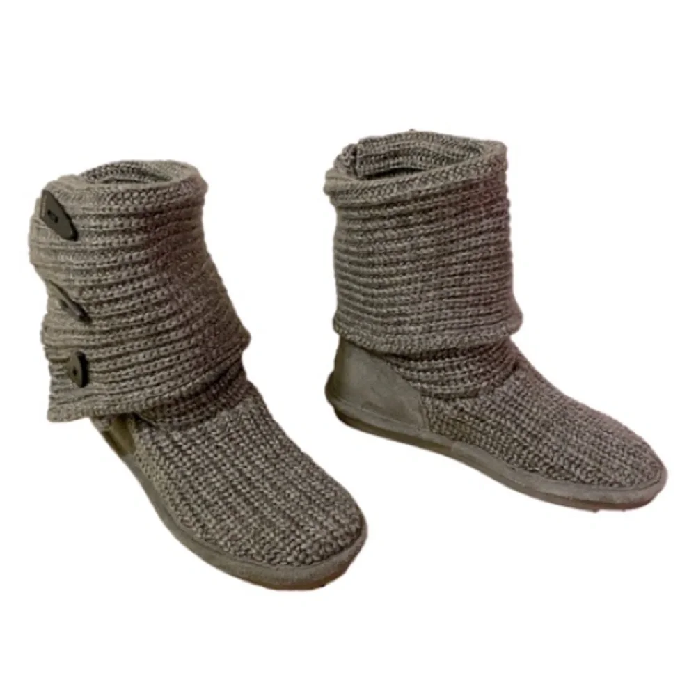 BearPaw Knit Tall Gray Boots Fold Over Pull On Cozy Size 6